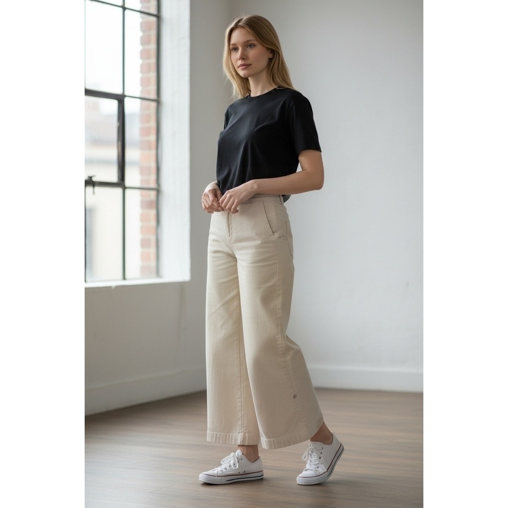 Calvin Klein Jeans Womens Beige Wide Leg Cropped Pants High Rise Khaki Slit Hem